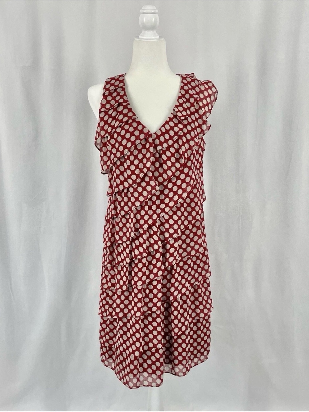 Adrianna Papell Midi Polka Dot Ruffle V-Neck Sleeveless Women's 10 Dress Red